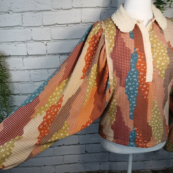 WOMENS GIMMECK BY BUCKLE BOHO TOP BALLON SLEEVES CROCHETED COLLAR SIZE SMALL - Picture 6 of 12